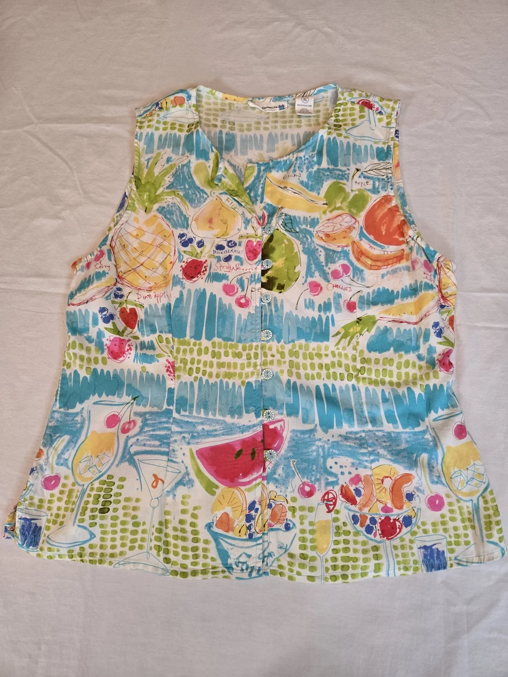 Vintage 90s Sleeveless Button-Front Top with Citrus Print - Picture 1 of 12